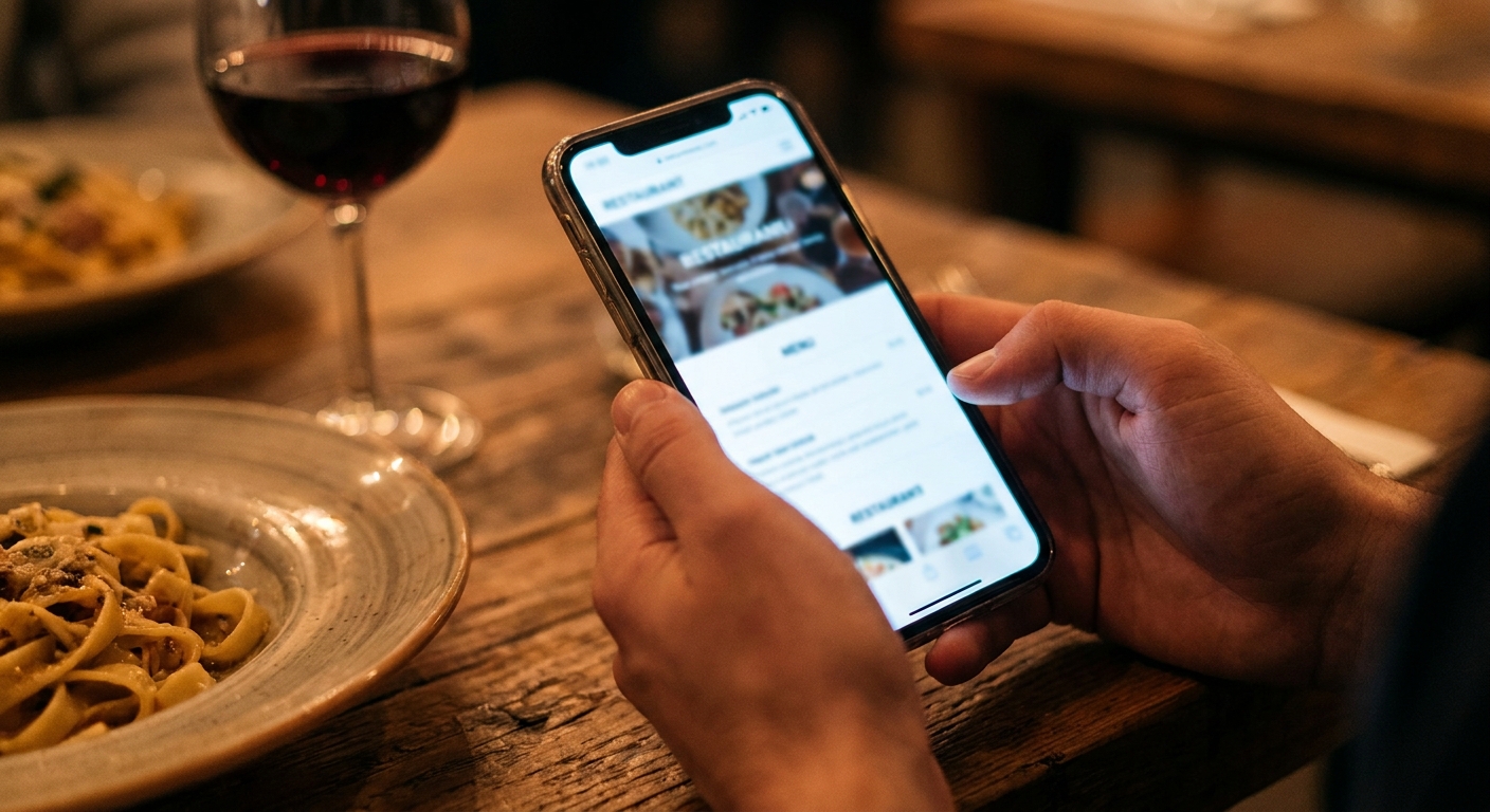 Close-up of a mobile menu on a smartphone at a restaurant table